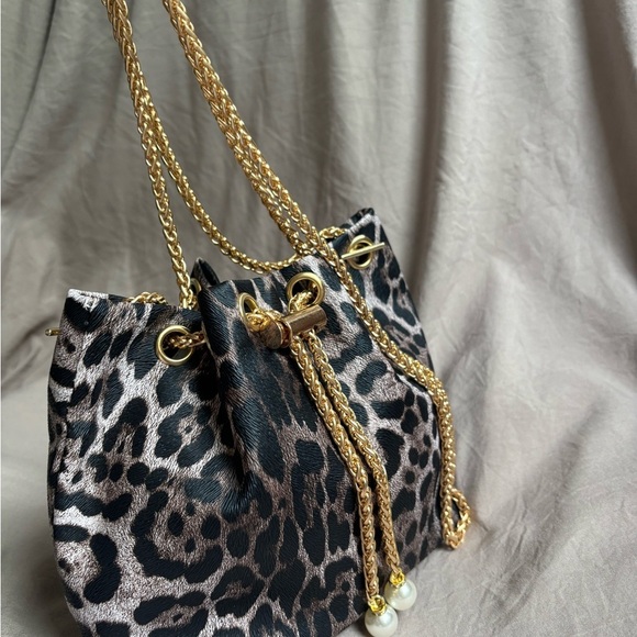 Leopard Print Drawstring Bag with Gold Accents - Picture 4 of 5